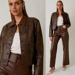Brooks Faux Leather Long Sleeve Cropped Jacket | Chocolate Brown Fall and Winter
